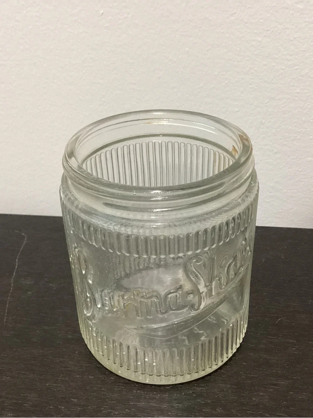 Vtg. 1930s-1940s authentic Burma Shave ribbed glass jar, a classic piece of MCM